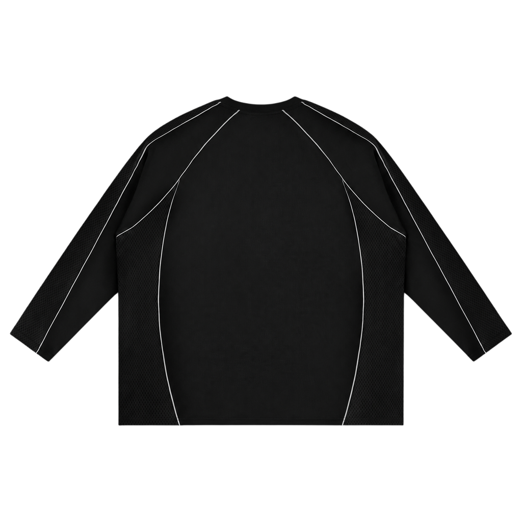 saifsociety The Society Jersey in onyx black with contrast white piping, raglan sleeves, and paneled construction.