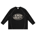 saifsociety The Society Jersey in onyx black with contrast piping, raglan sleeves, and graphic chest branding.