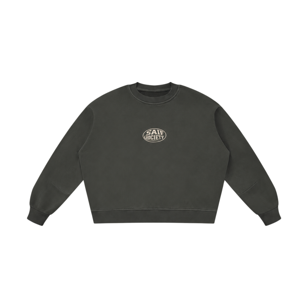 saifsociety The Core Crew in gunmetal grey, a 100% cotton oversized sweatshirt with dropped shoulders and logo print.
