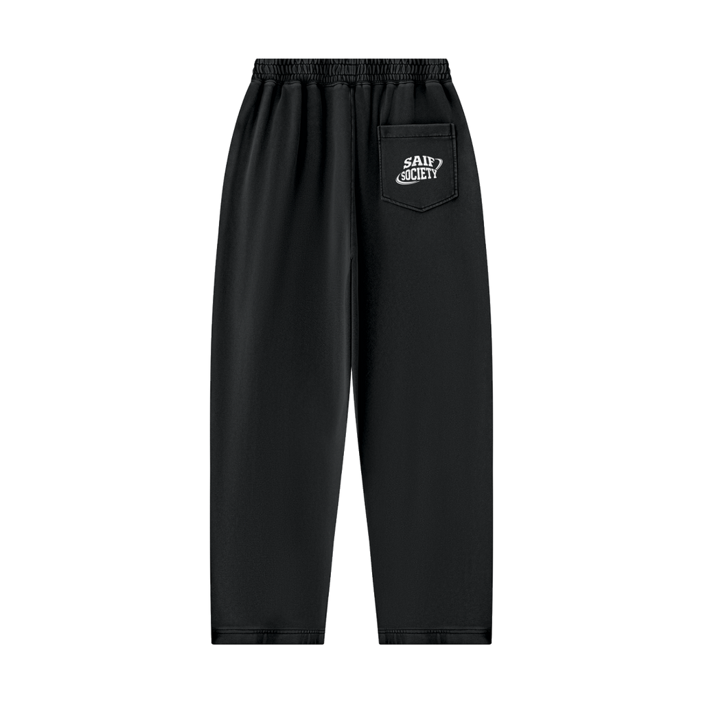 The Members Balloon Sweatpants in black with white Saif Society logo, front view