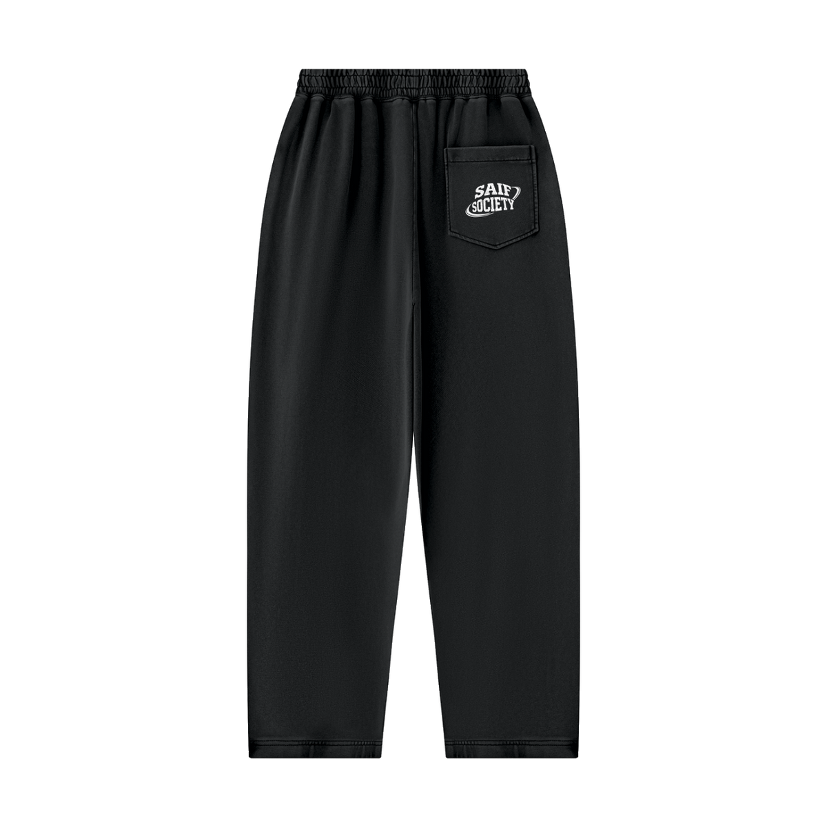 The Members Balloon Sweatpants in black with white Saif Society logo, front view