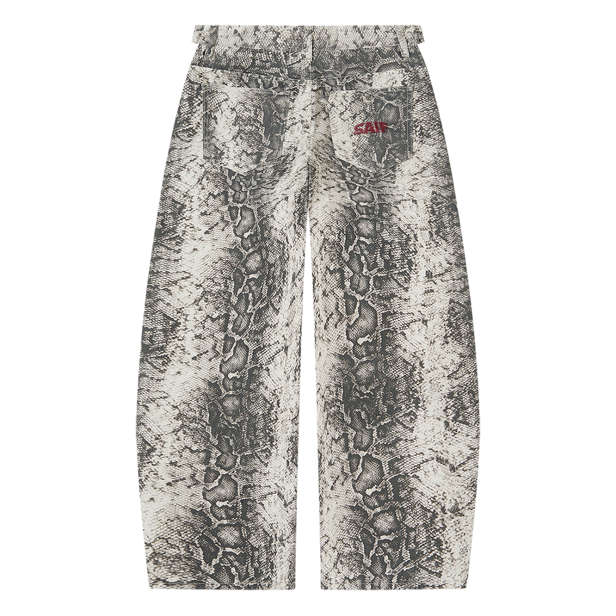 The Python Pants in monochrome snake print with oxblood Saif logo, back view