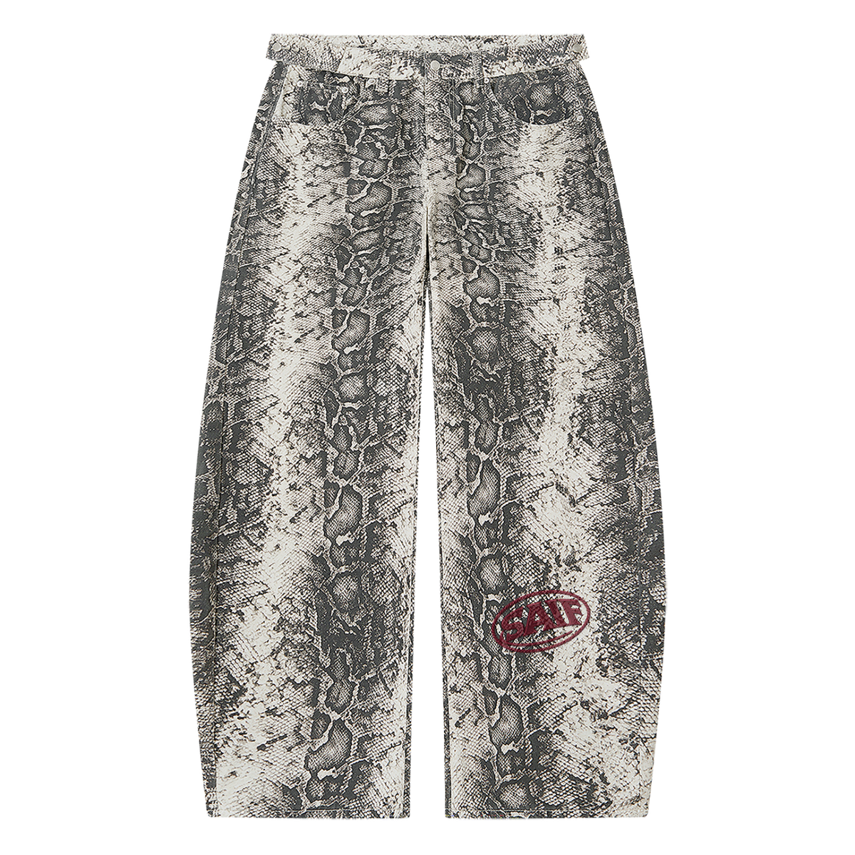 The Python Pants in monochrome snake print with oxblood Saif logo, front view