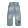 The Rowe Straight-Leg Jeans in Sunfade Blue with oxblood Saif logo, back view