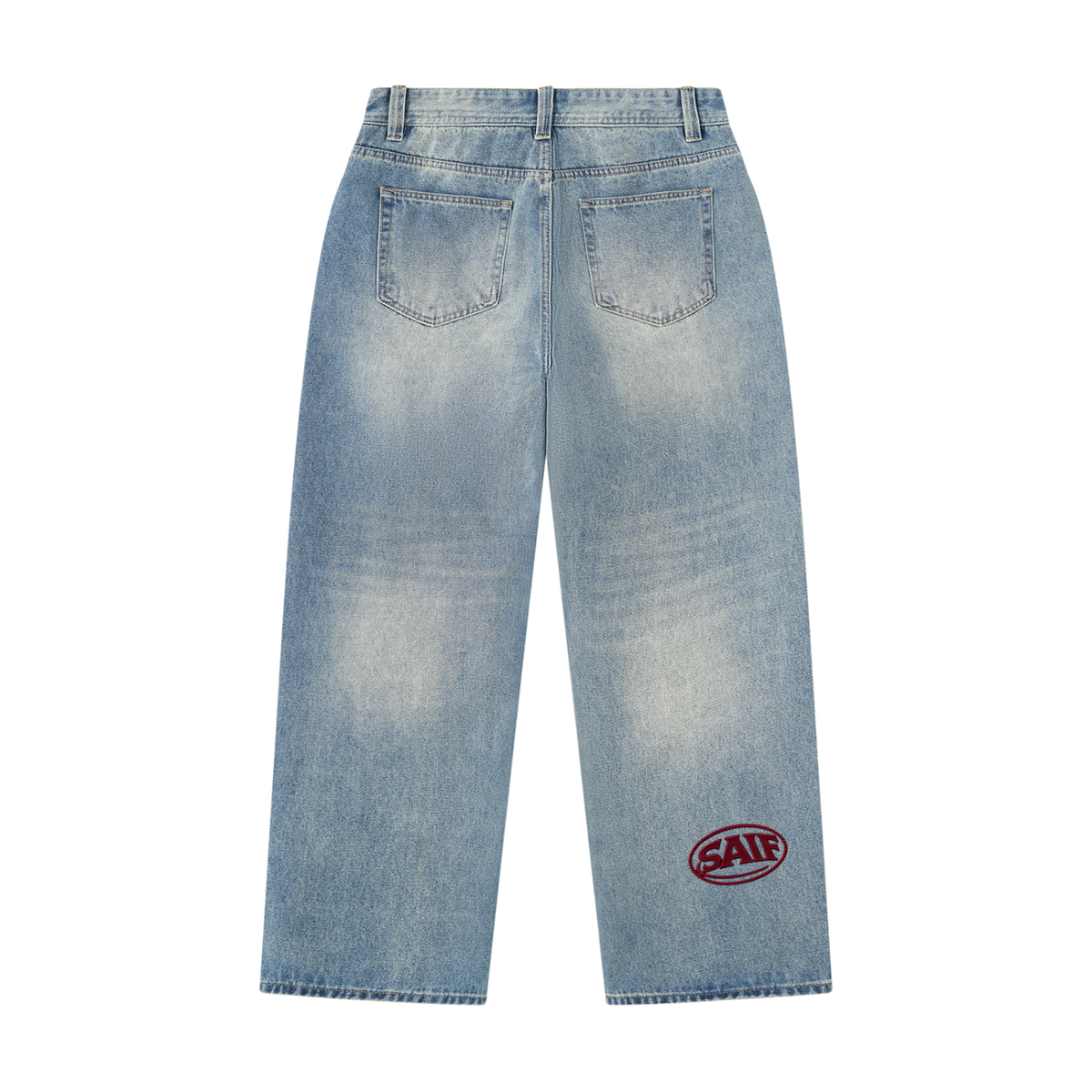 The Rowe Straight-Leg Jeans in Sunfade Blue with oxblood Saif logo, back view