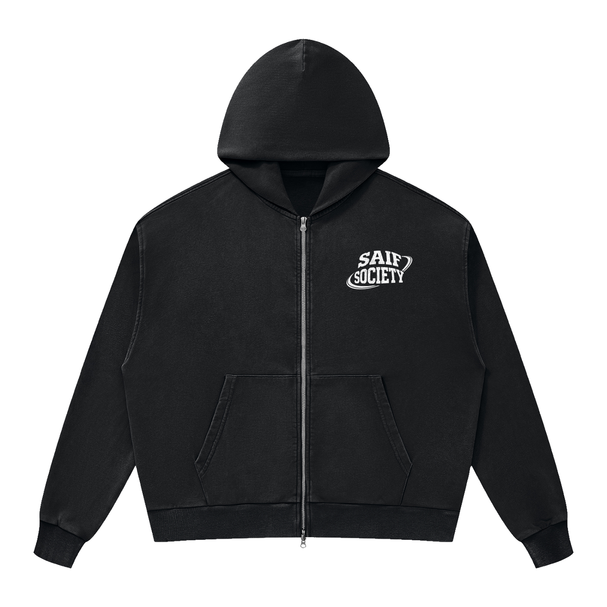 Black Saif Society zip hoodie on transparent background