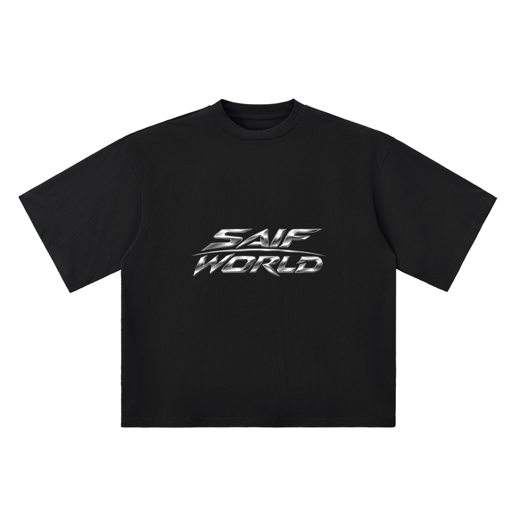 The Saif World Chrome Tee in black with liquid silver graphic, front view