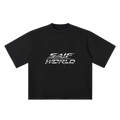 The Saif World Chrome Tee in black with liquid silver graphic, front view