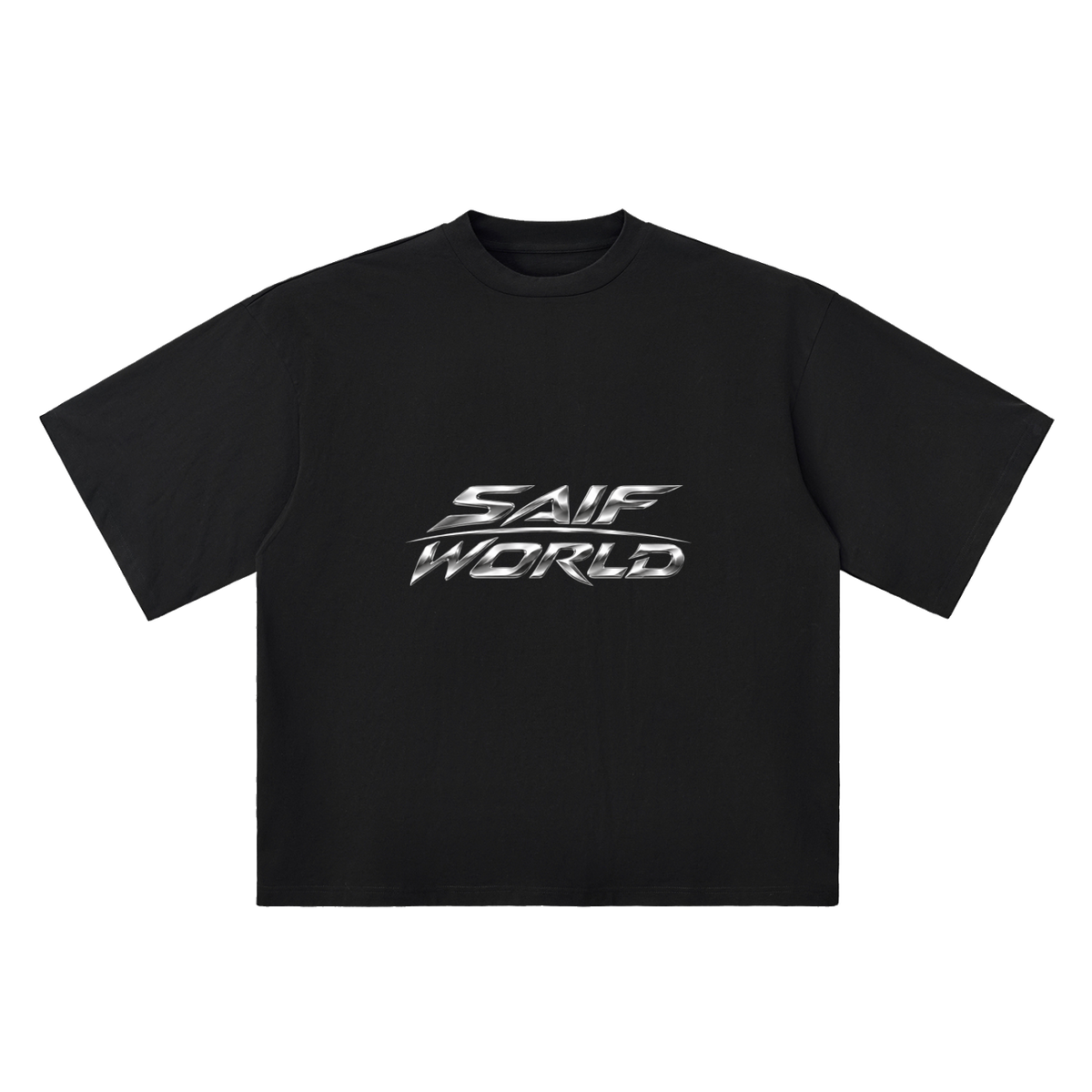 The Saif World Chrome Tee in black with liquid silver graphic, front view