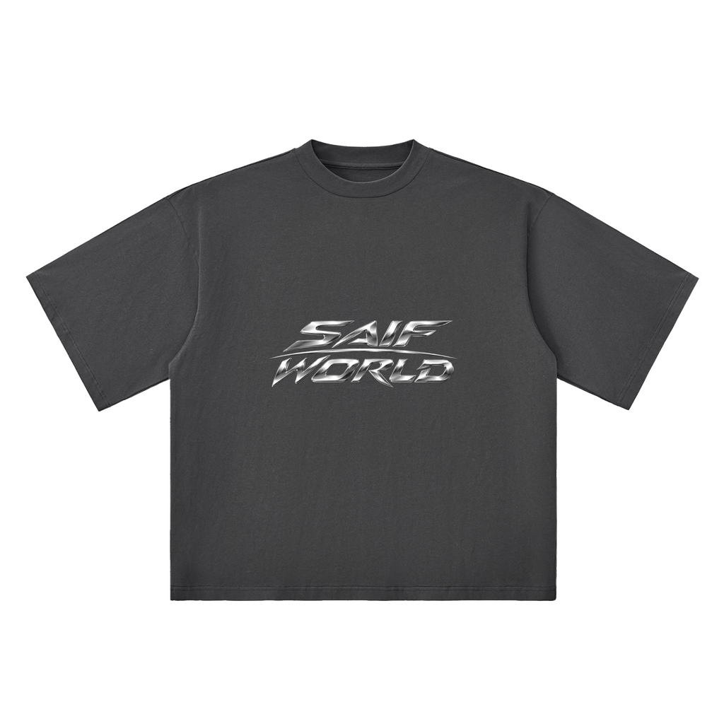 The Saif World Chrome Tee in Washed Graphite with liquid silver graphic, front view