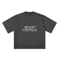 The Saif World Chrome Tee in Washed Graphite with liquid silver graphic, front view