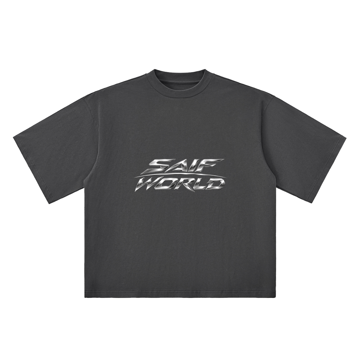 The Saif World Chrome Tee in Washed Graphite with liquid silver graphic, front view