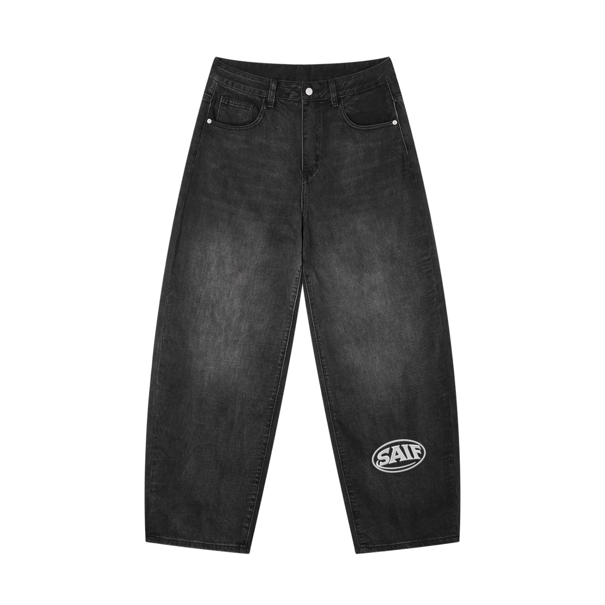 The Signature Wide-Leg Jeans in Faded Ink with silver Saif logo, front view
