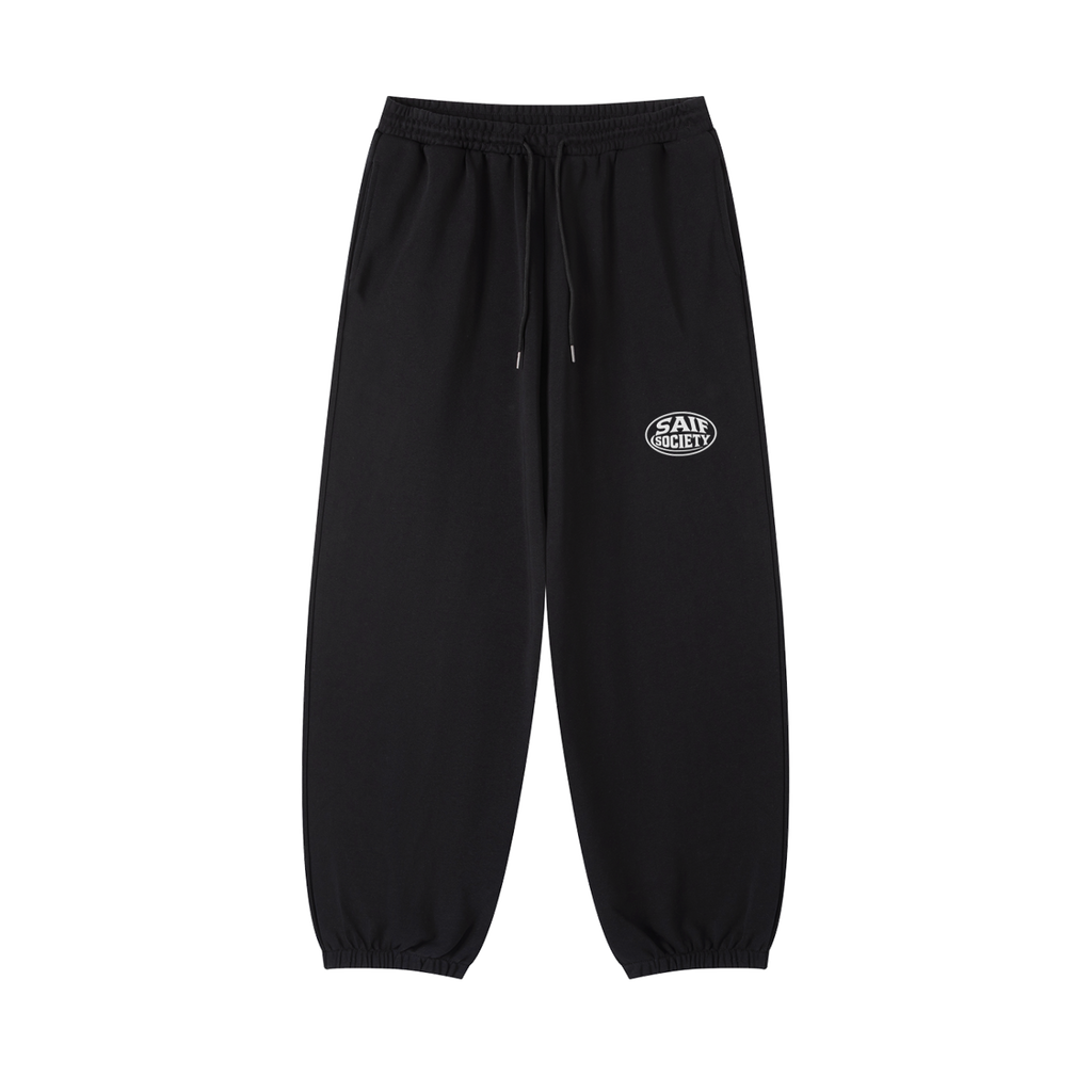 The Sunday Set joggers in Carbon with white Saif Society logo, front view