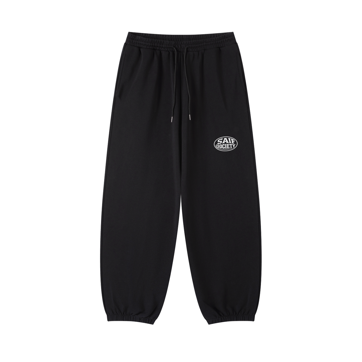 The Sunday Set joggers in Carbon with white Saif Society logo, front view